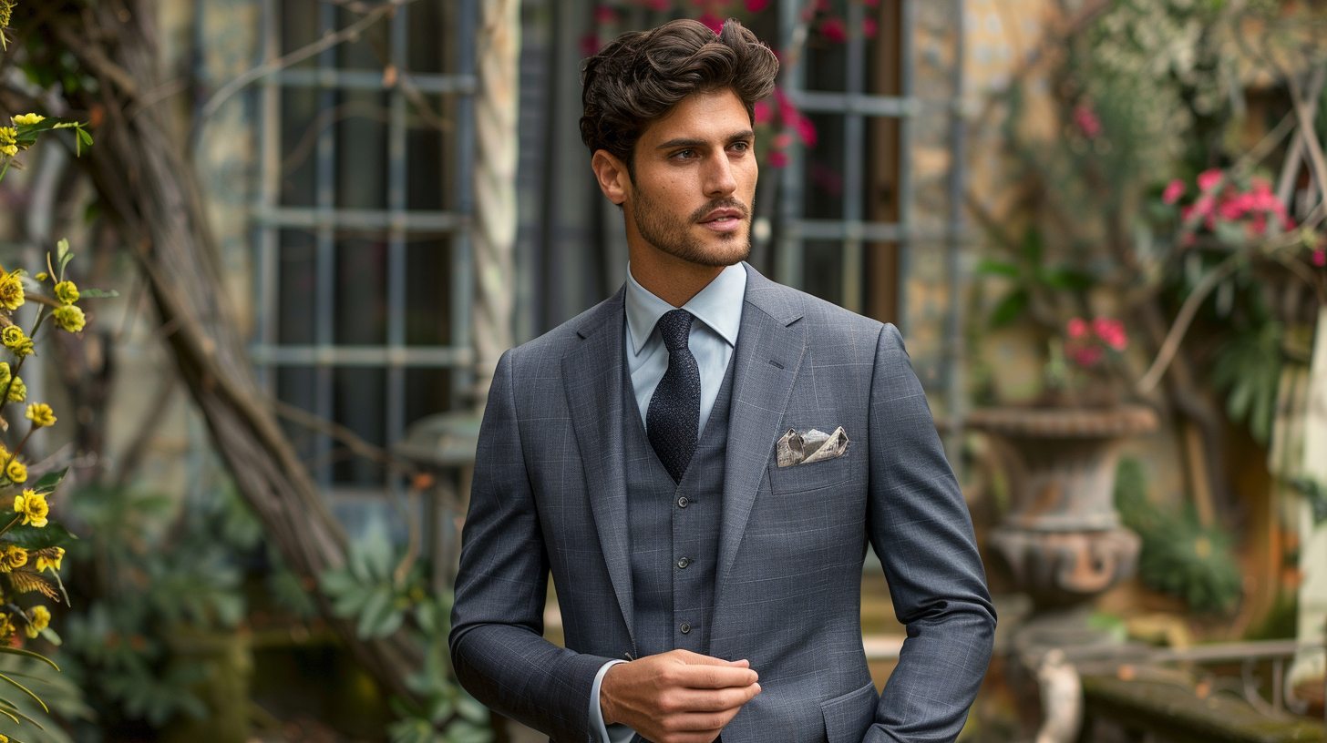 Man in a classic two-piece suit with matching jacket and trousers, styled in navy or grey, clean shirt and tie combo, standing in a formal wedding setting. Timeless, elegant, and versatile.