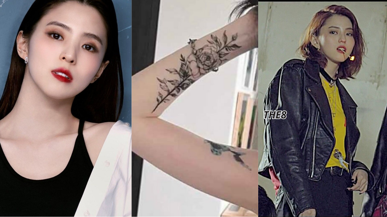 This contain an image of  Han So Hee on a black and white dress ,showing off her tattoos in her hand in the middle picture , and another picture of her smocking  