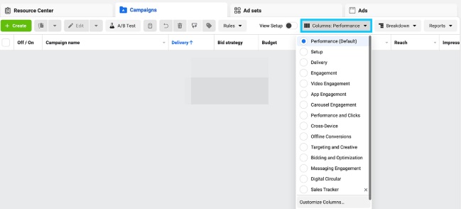 Find over a dozen reporting column templates in Ads Manager. 