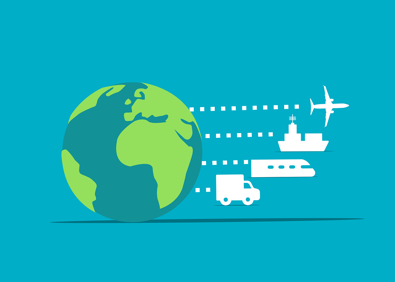 A digital image of the Earth with icons of a truck, ship, train, and airplane surrounding it.