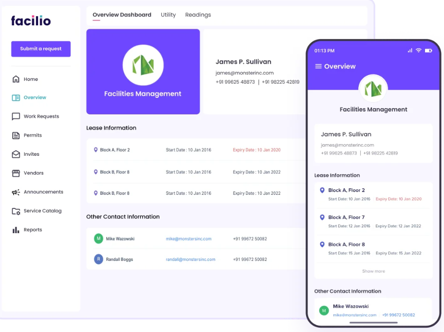 Facilio dashboard showing web and mobile FM interfaces 