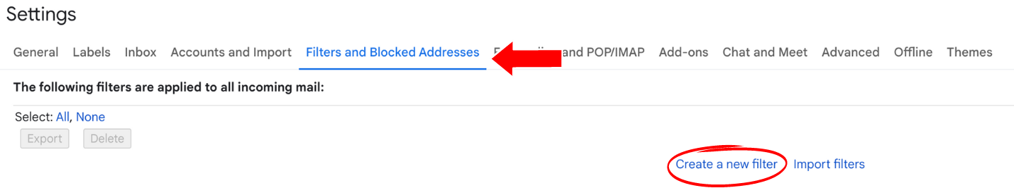 Click Filters and Blocked Addresses and Go to Create a new filter