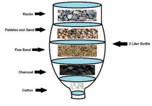 illustration of a water filter experiment with a plastic soda bottle