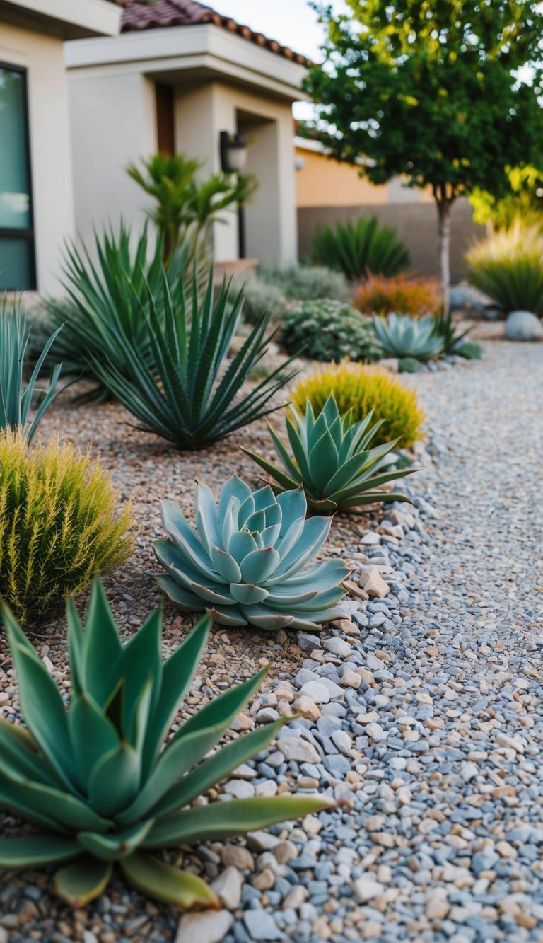 A front yard with native plants, gravel pathways, and a dry creek bed. A mix of succulents and drought-resistant shrubs create a low-maintenance xeriscape design