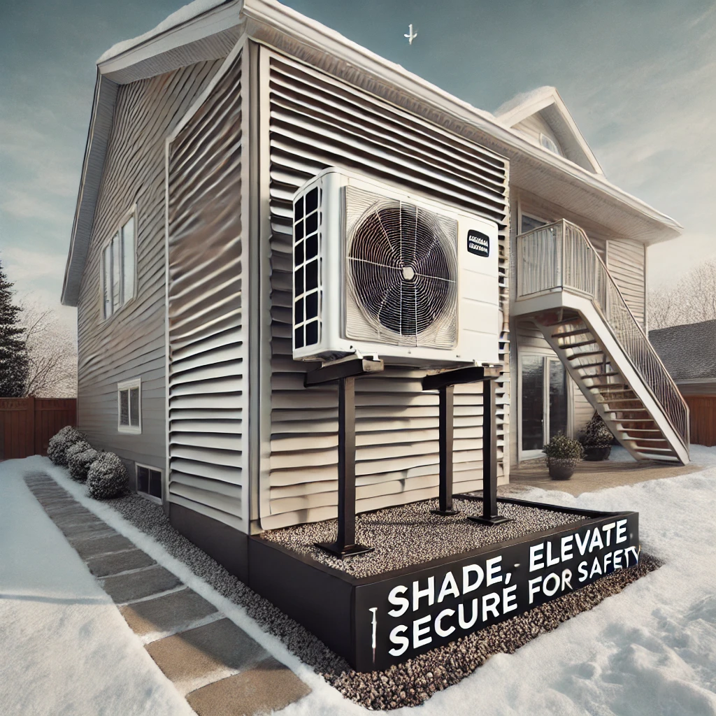 Mini-split unit mounted on elevated stand above snowline, shaded by louvered screen, secured with hurricane straps