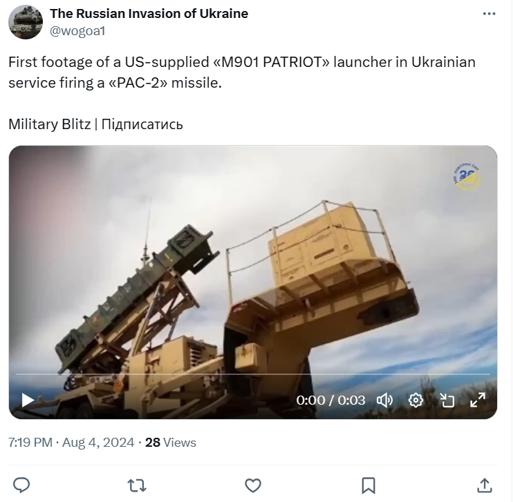 First footage of a US-supplied «M901 PATRIOT» launcher in Ukrainian service firing a «PAC-2» missile.