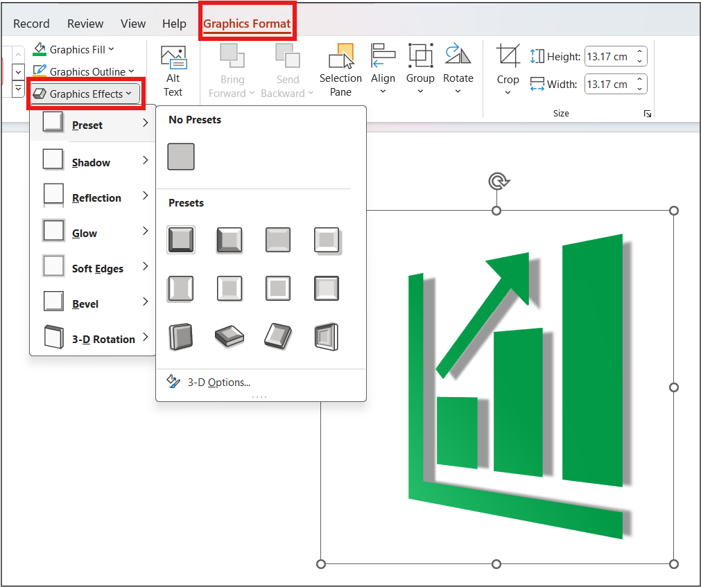 Graphics Format > Graphics Effects highlighted in PPT with submenus Preset, Shadow, Reflection, Glow, Soft Edges, Bevel, etc.