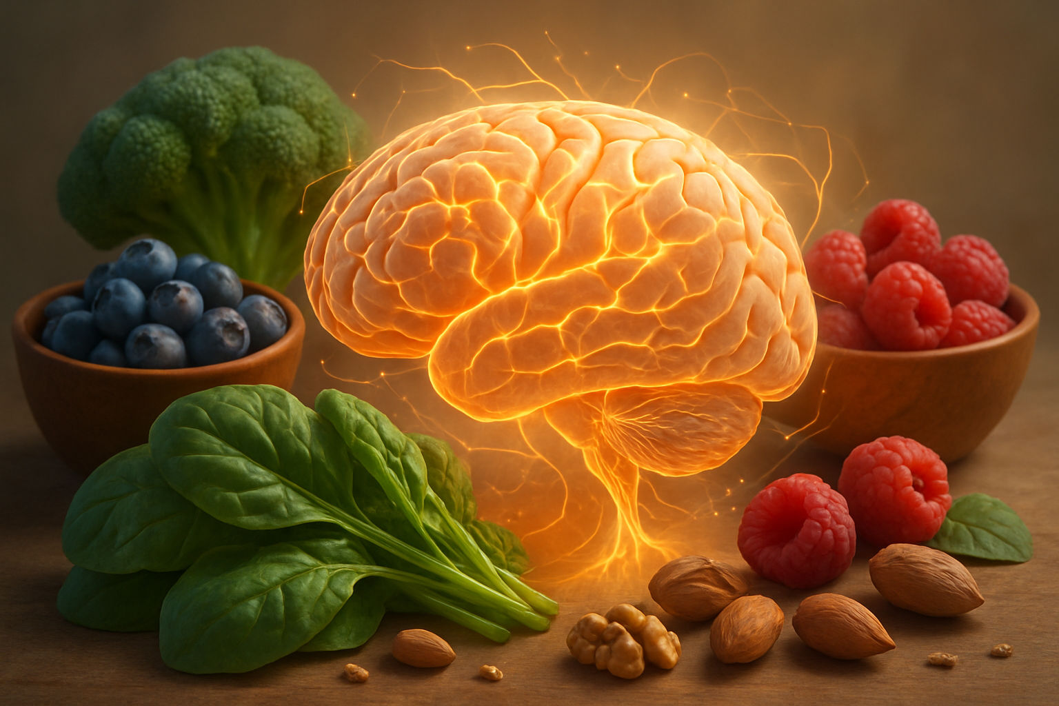 A conceptual image representing the role of nutrition in brain health, showing a healthy brain with interconnected neural pathways being nourished by vibrant foods like berries, leafy greens, and nuts, all bathed in a soft, golden light, symbolizing mental clarity and cognitive vitality.