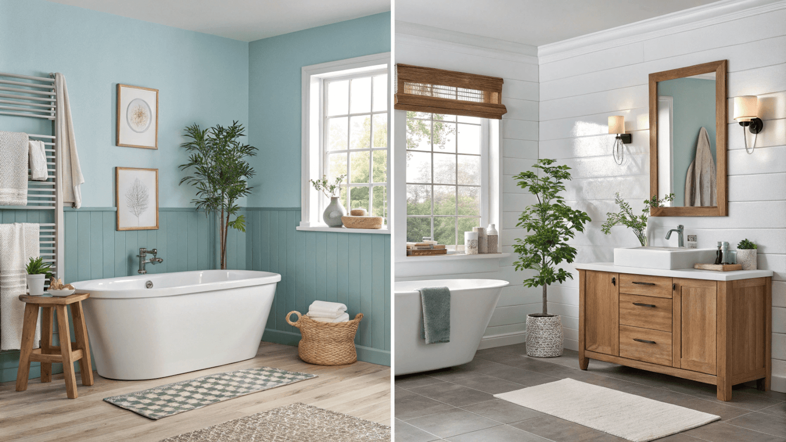 Split-screen image of two bathroom styles