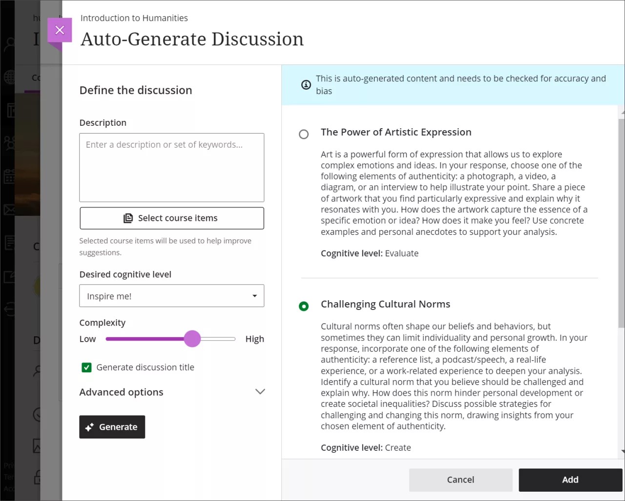 The AI Design Assistant's Auto-Generate Discussion panel, with options on the left and discussion prompts on the right