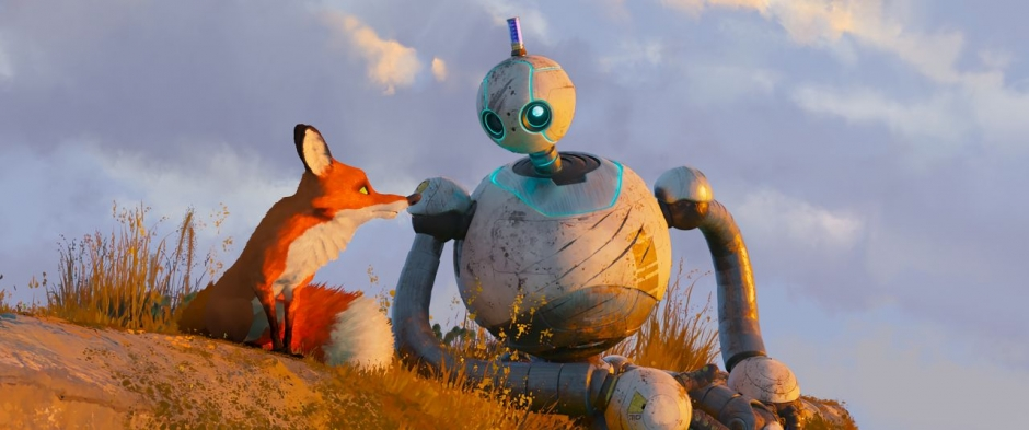 A robot and a fox conversing atop a hill