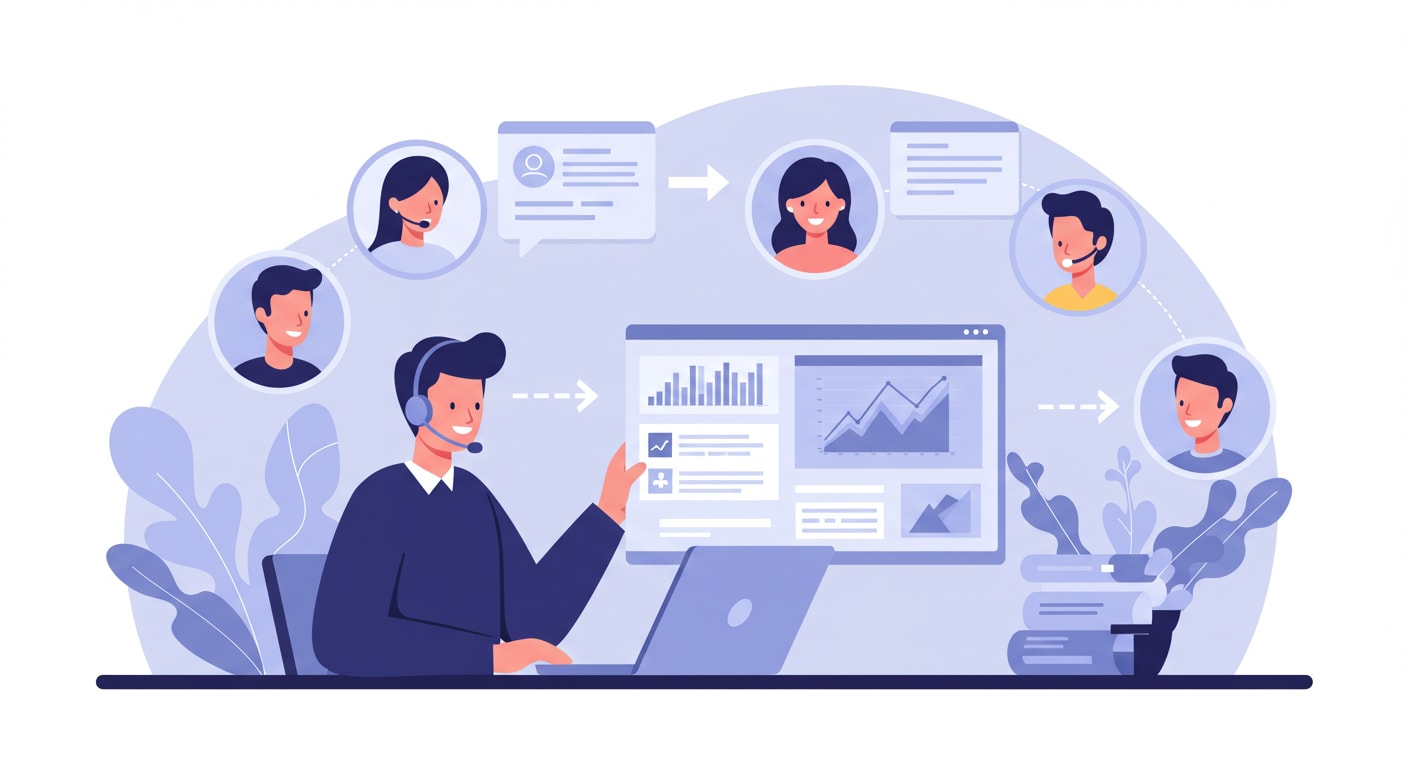 A contact center agent sends personalized responses to different customers while accessing a dashboard of customer data.