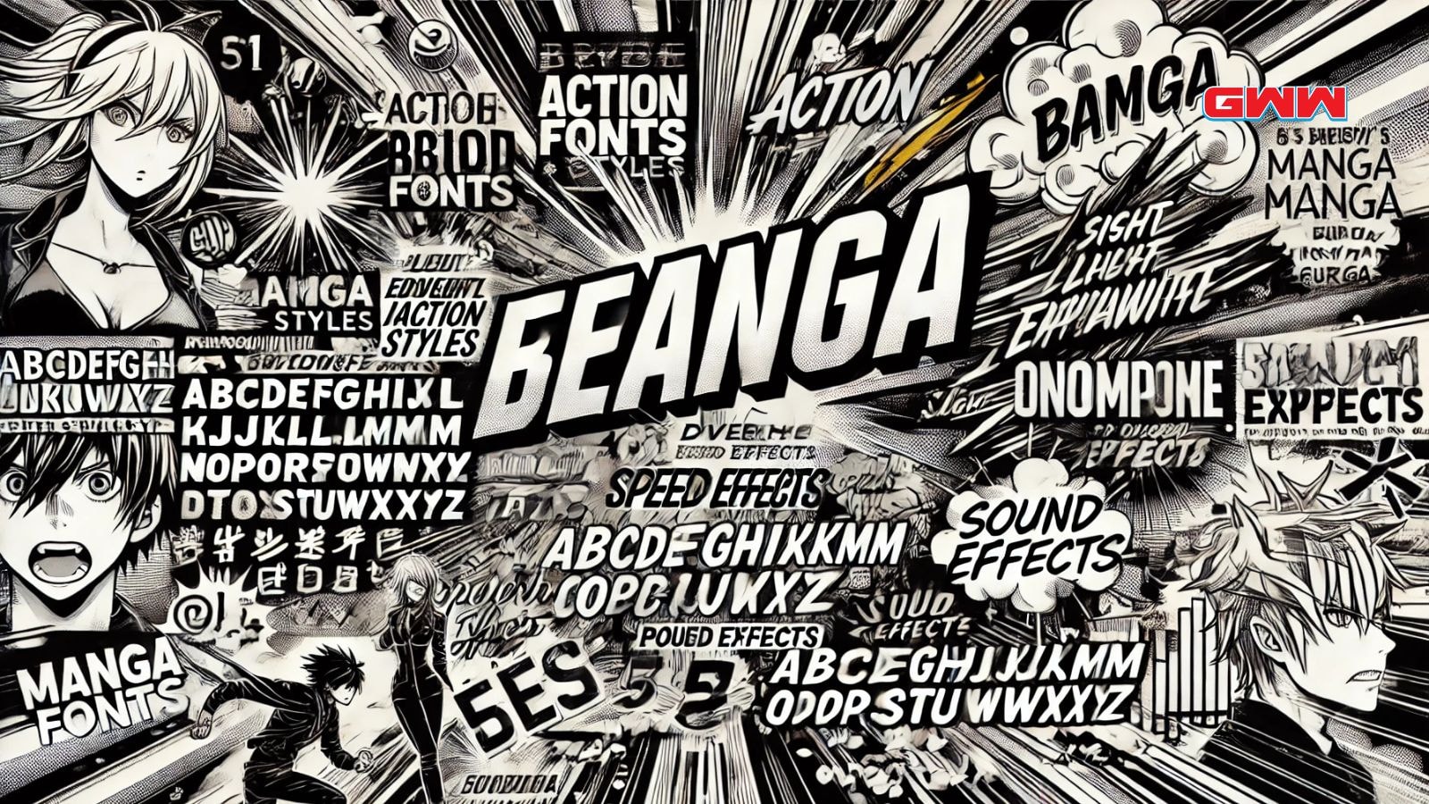 Manga action fonts featuring sound effects and characters in bold styles