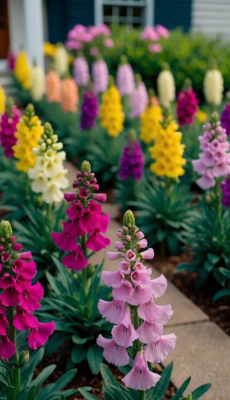 21 snapdragons bloom in neat rows across the front of the house. The colorful flowers create a vibrant and inviting display