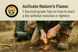 An image describing a man lighting a fire without a lighter or matches and titled on how to start a fire without matches or lighters