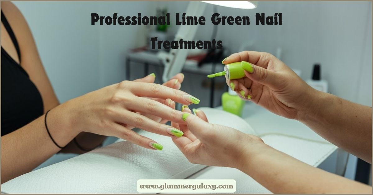 Close-up of hands receiving lime green nail polish application in salon setting.