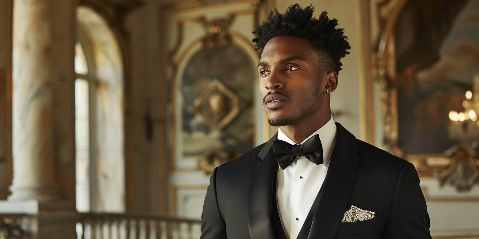 A man wearing a classic black tuxedo featuring satin peak lapels, styled with a white dress shirt, black bow tie, and cummerbund. The look is traditional and formal, ideal for black-tie events. Set in an elegant evening environment, highlighting timeless sophistication.