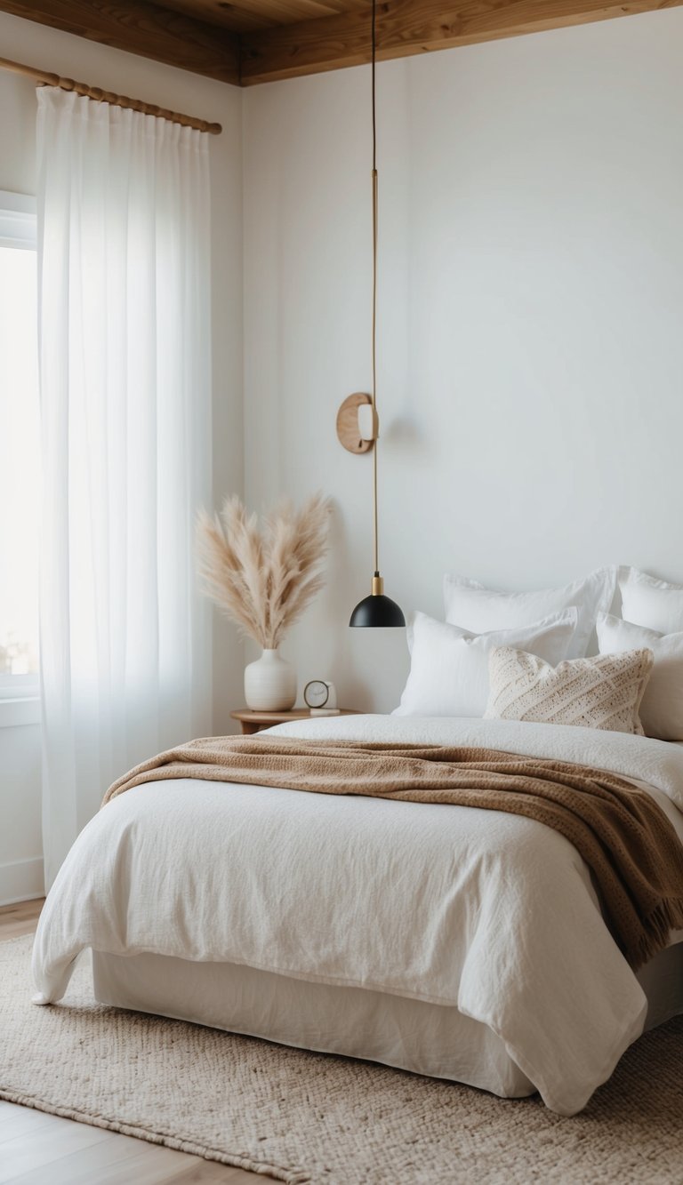 A serene bedroom with a white color scheme and natural wood accents