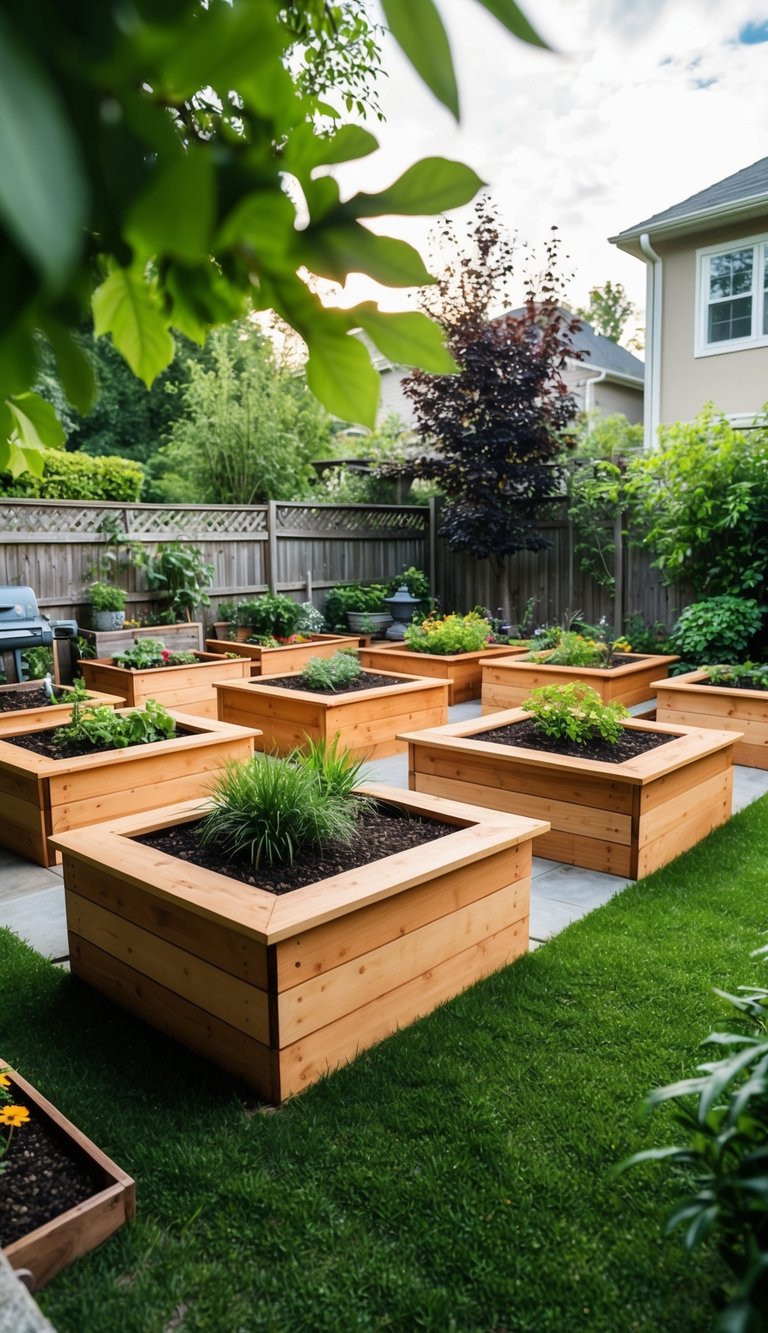 A backyard with raised cedar planters arranged in a corner, surrounded by various garden elements and greenery