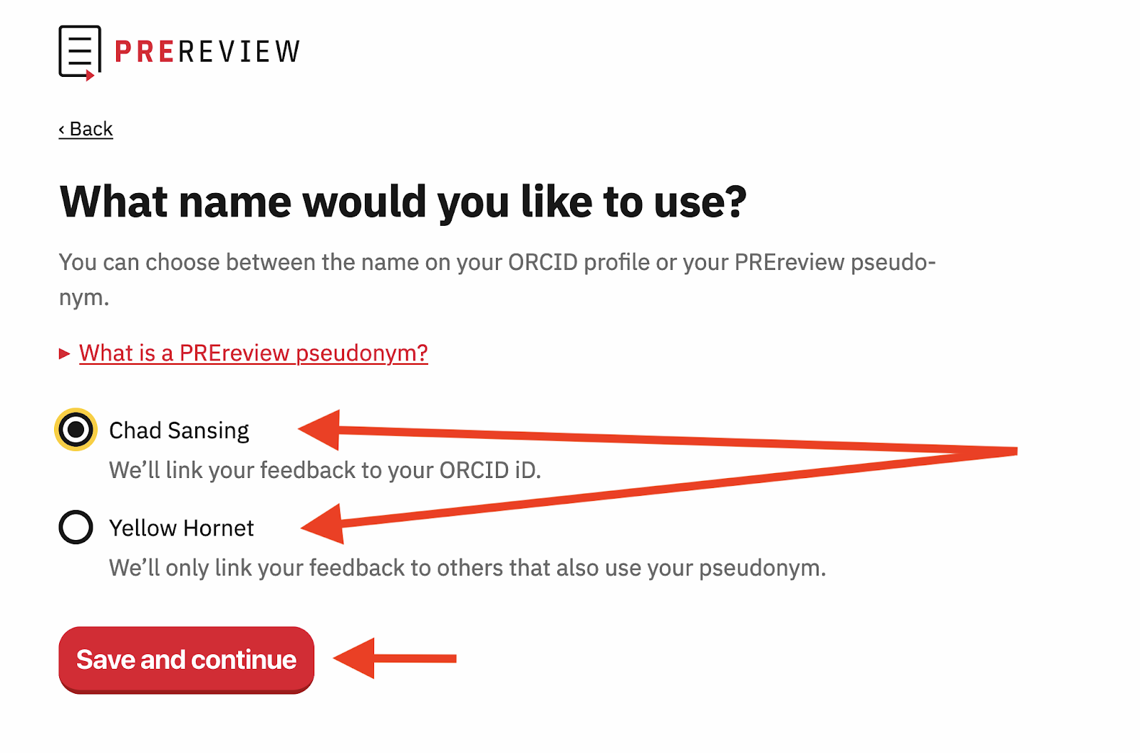 This is a screenshot from PREreview.org emphasizing how to chose which profile you want associated with your comment.