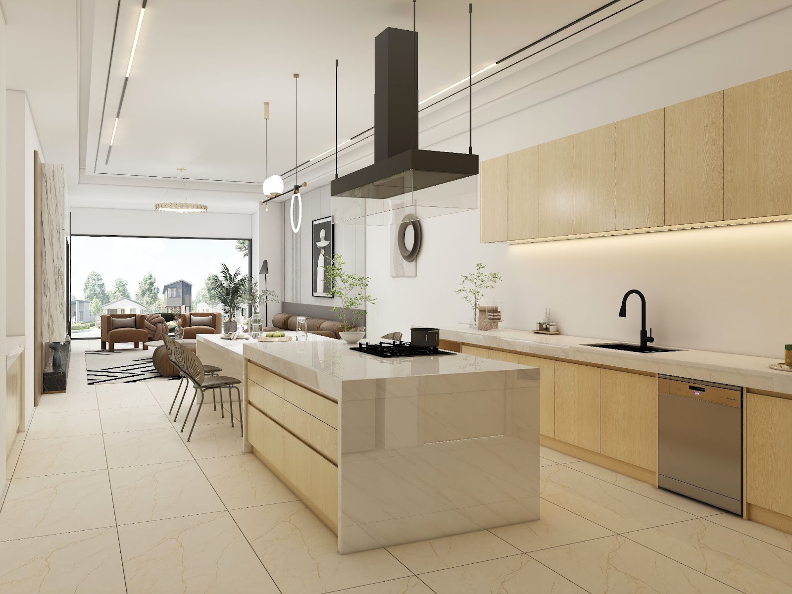 Spacious open kitchen with natural wood cabinets, waterfall island, and integrated appliances in a full home customization setup.