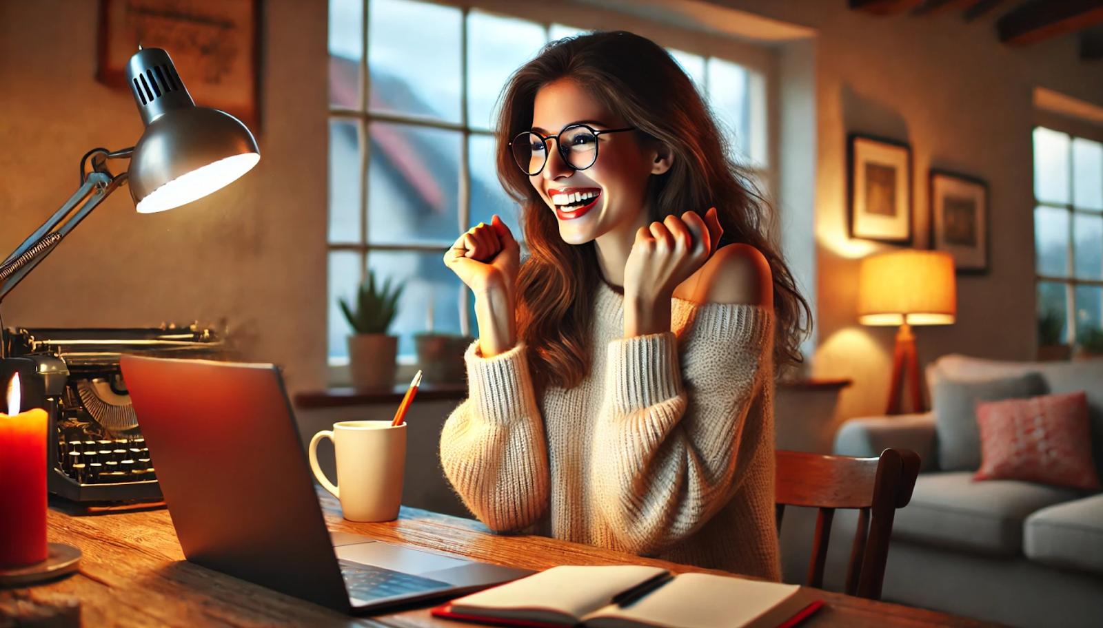 Excited woman in glasses celebrating at her desk with a laptop and notebook