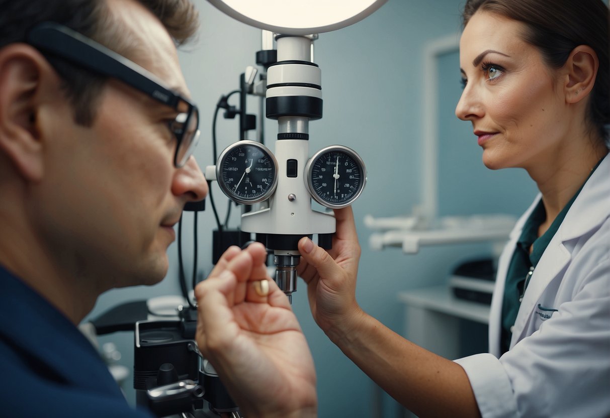 An eye doctor examining a patient's eyes with various tools in a well-lit exam room