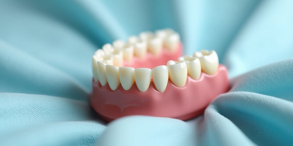 Close-up of quality dentures on a blue cloth.