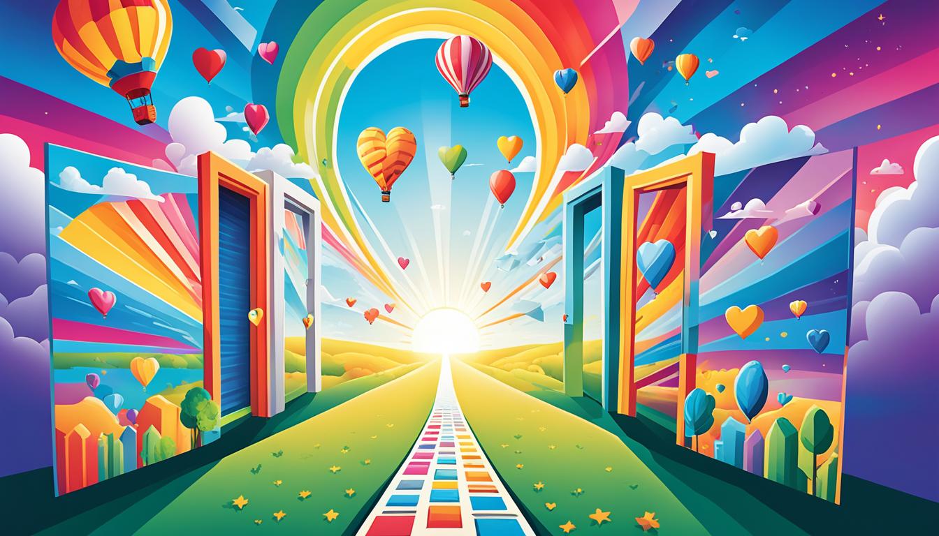 A colorful pathway leading towards a bright and vibrant horizon with various doors opening up to different opportunities. The doors are labeled with symbols such as a dollar sign, a heart, and a lightbulb to represent wealth, love, and creativity. In the distance, a hot air balloon floats towards the sky, symbolizing the endless possibilities waiting to be explored. The overall atmosphere is optimistic and hopeful, inviting the viewer to stay open to all the opportunities life has to offer.