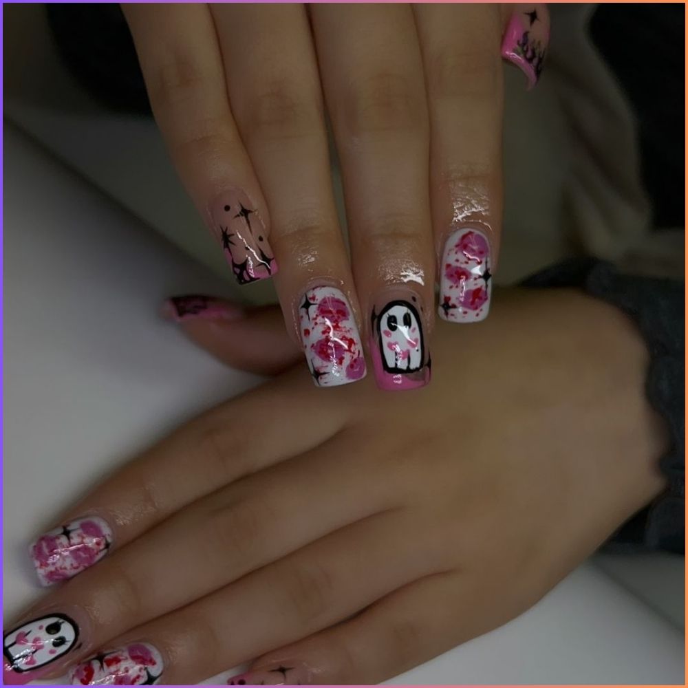 Close up of nails with spooky nails having Pink Spooky Nails