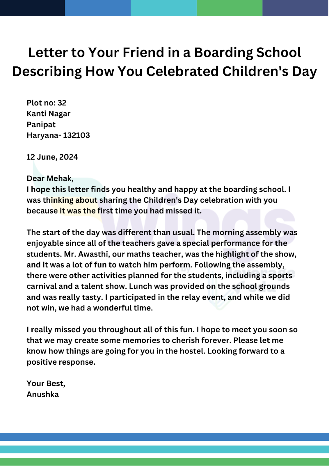 Write a Letter to your Friend in a Boarding School Describing How You Celebrated Children's Day
