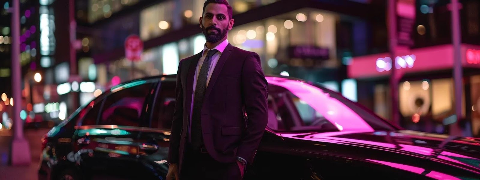 a confident lawyer in a sharp suit, standing in front of a sleek black car with a lyft logo on the door, ready to fight for your case.