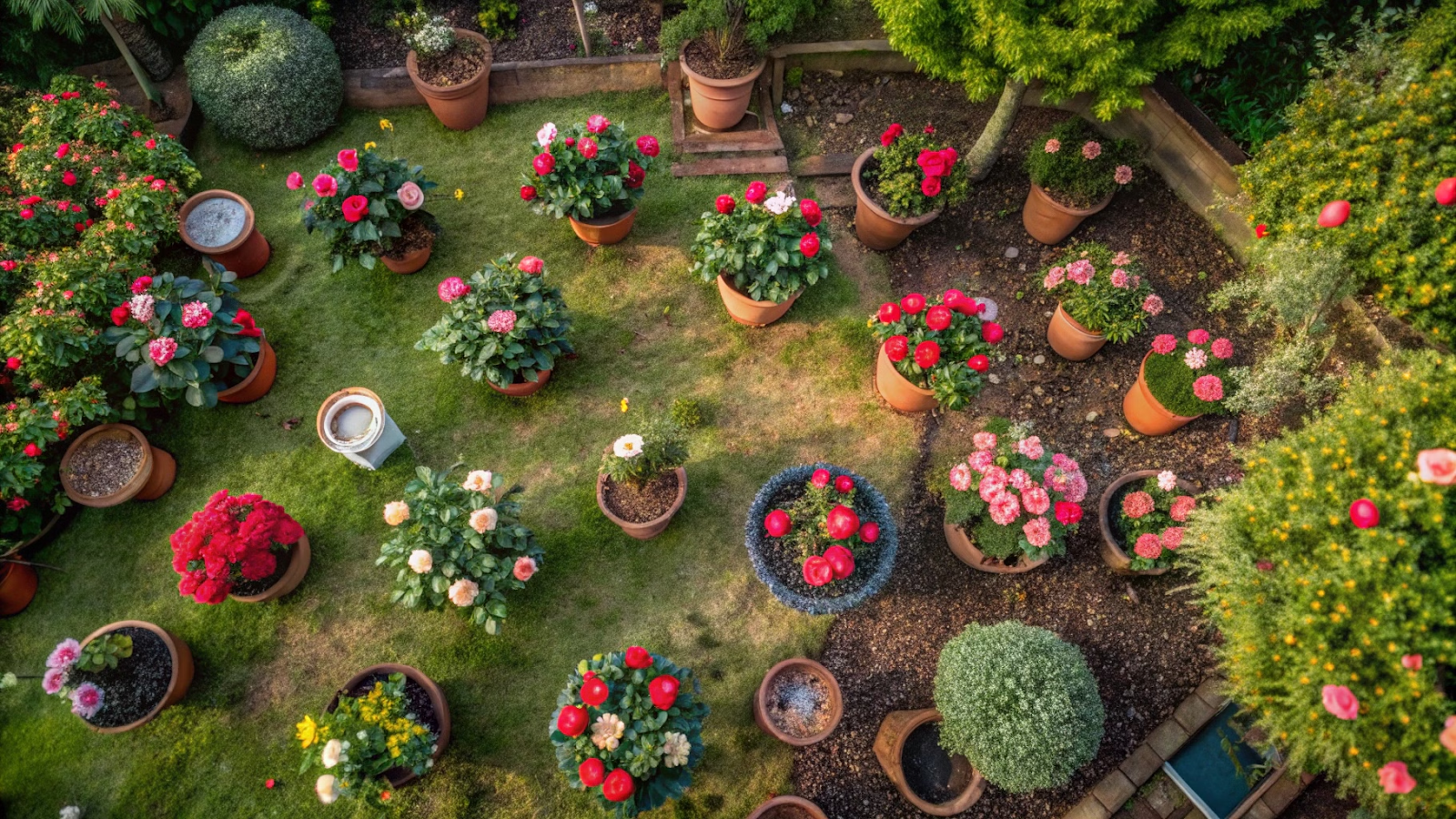 Jardim com camélias plantadas em vasos e no solo, rodeadas por outras plantas.