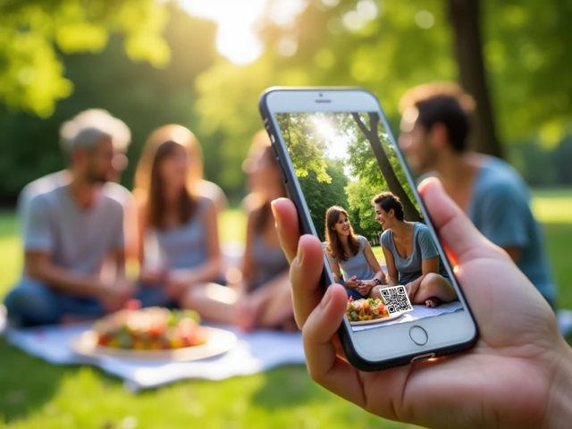 A close-up of a smartphone scanning a QR code in a bright, sunny park, surrounded by green trees and flowers. In the background, a group of happy people are enjoying a picnic, smiling and engaged in conversation, creating a positive atmosphere.