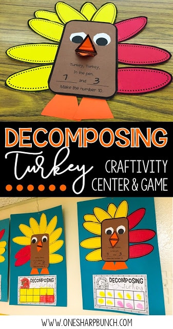 Build number sense with these interactive and thematic Decomposing Turkey activities! Gather the correct number of red and yellow feathers and place them around the turkey craft. Don’t forget to sing the fun chant!