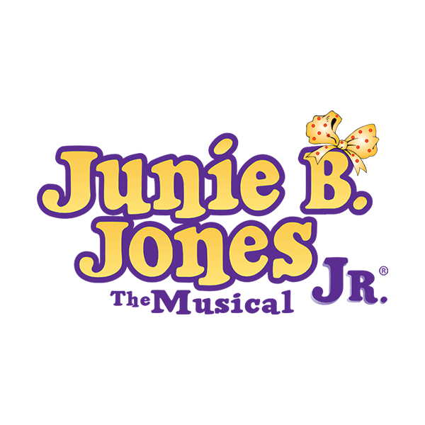 JUNIE B. JONES THE MUSICAL JR logo in yellow letters with purple outline and a yellow bow on the B