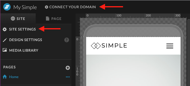 Accès aux Site settings sur Showit depuis l'interface de design.