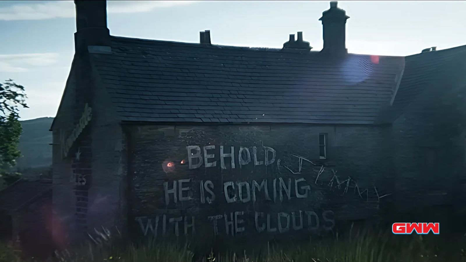 House with "Behold He is coming with the clouds" graffiti on the wall