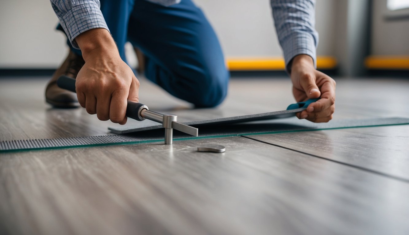 A person examining the surface of SPC flooring, tapping with a tool and inspecting for scratches or dents