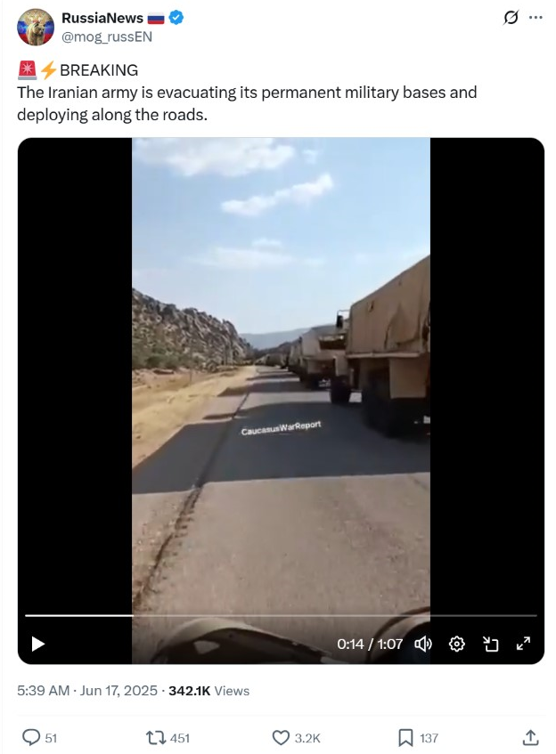 A video shows the Iranian army evacuating its permanent military bases and deploying along the roads amid rising tensions with Israel. 