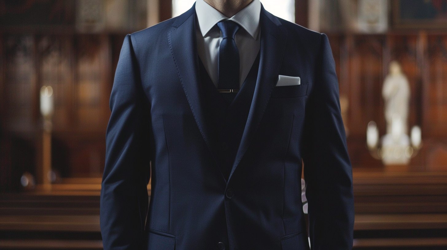 A man in a classic fit dark blue suit, comfortable and relaxed through the shoulders and waist, in a traditional setting like a church or courtroom