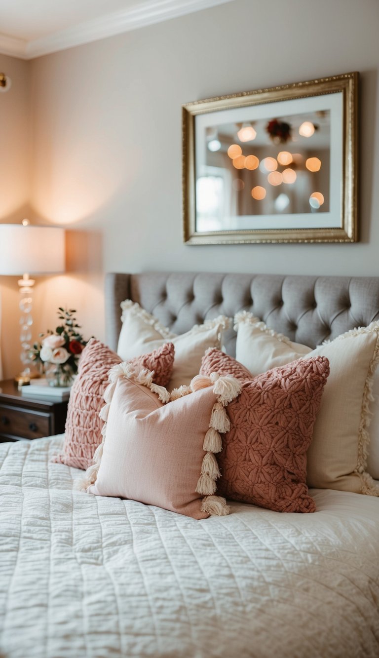 A cozy master bedroom with plush throw pillows in romantic decor