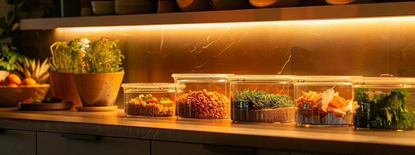 a sleek, modern kitchen countertop showcases an elegant arrangement of premium cat food packages, sparkling bowls filled with vibrant ingredients like chicken, fish, and vegetables, all under warm, inviting lighting that emphasizes their nutritional richness for a healthy feline immune system.