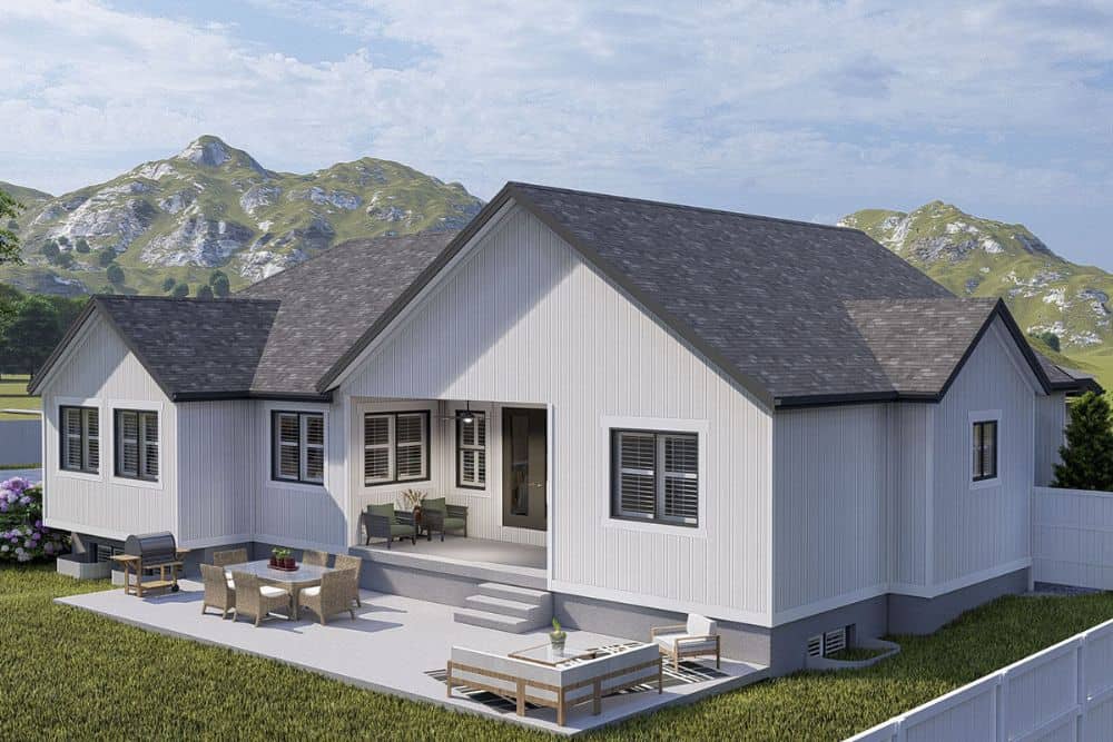 Rear-left rendering of the 6-bedroom single-story exclusive country ranch home.