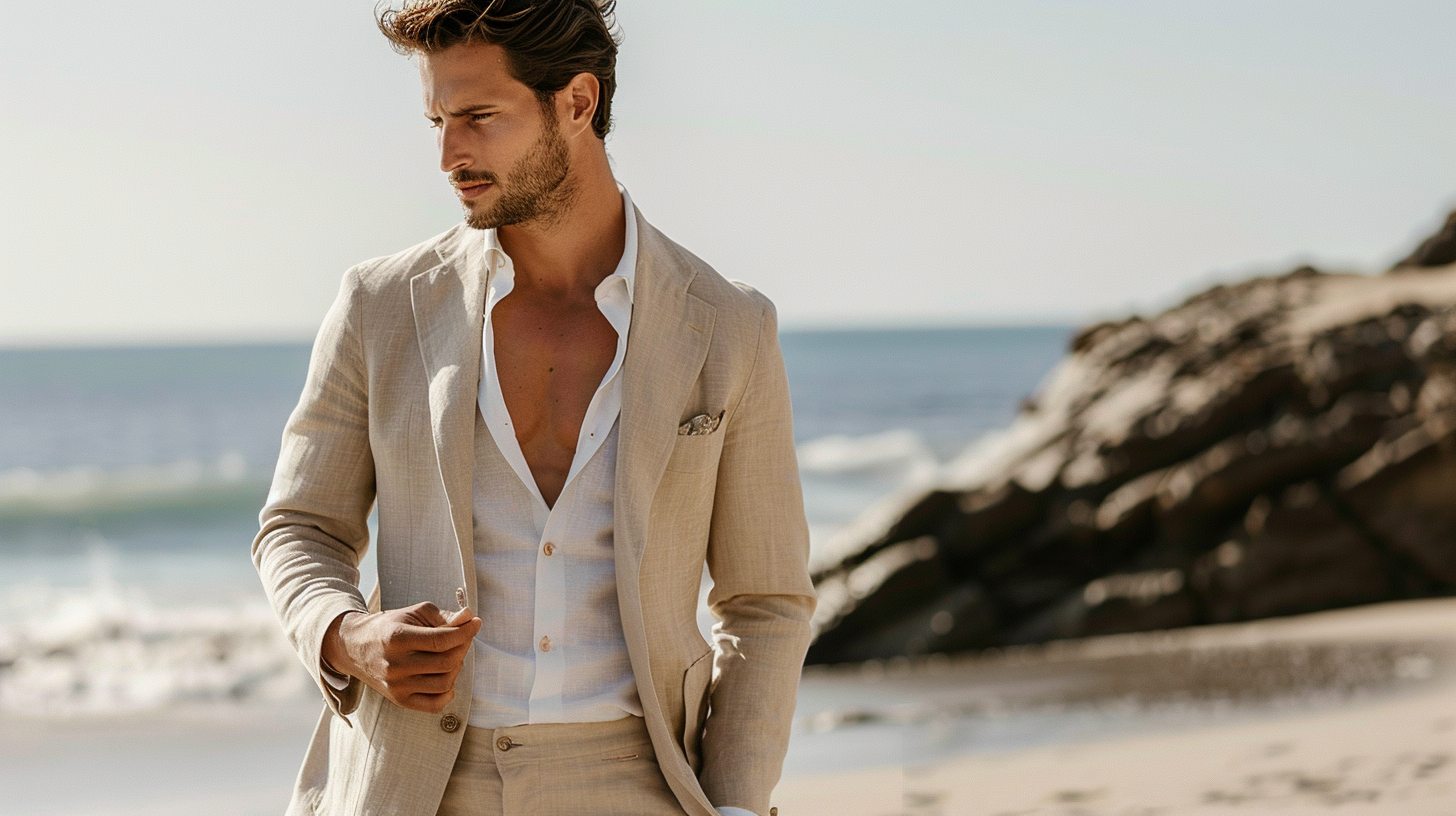 A man wearing a light beige or cream linen suit at a beach or outdoor summer wedding, styled with a white open-collar shirt, barefoot or with loafers. Breezy, elegant, and relaxed.