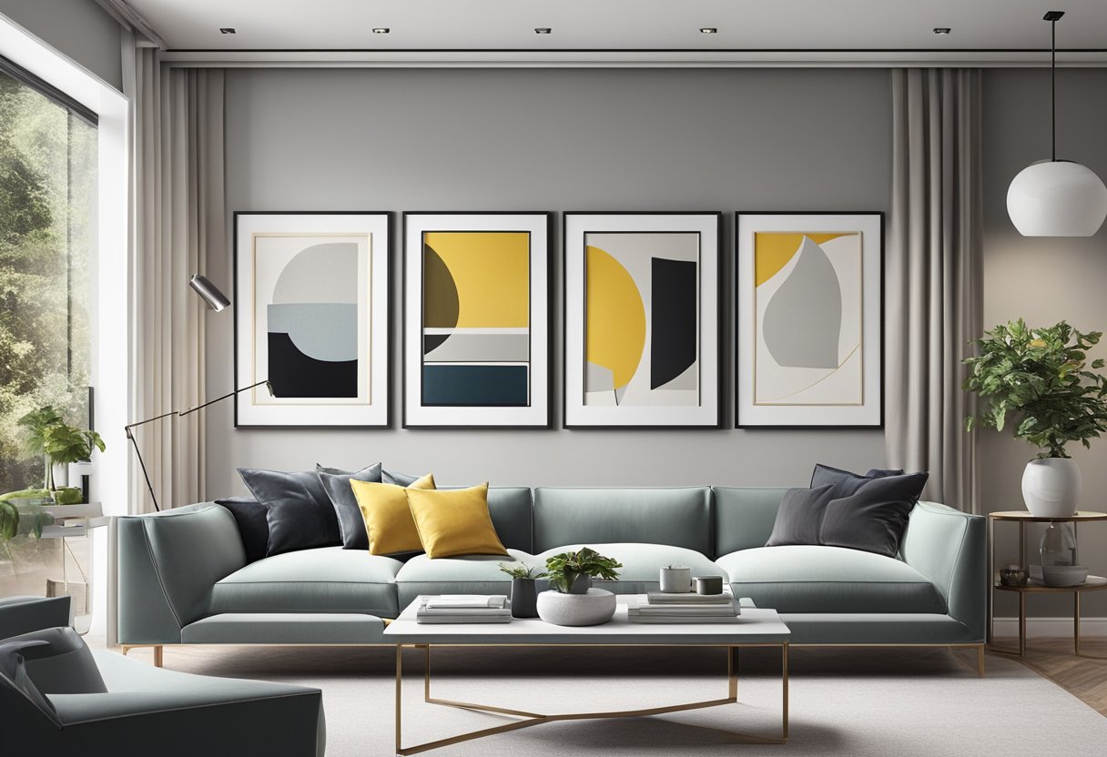A sleek, modern living room with a gallery wall of various framed artwork and photographs. The frames are simple and elegant, adding a high-end touch to the space
