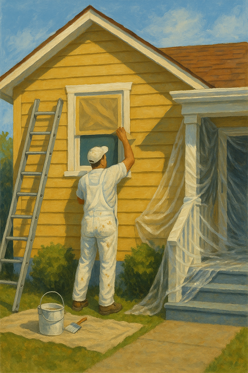 Painting contractor preparing a house exterior