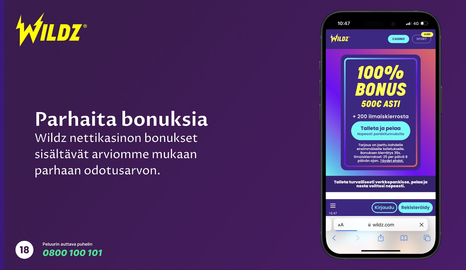 Wildz-nettikasinon tervetuliaisbonus – 100 % kasinobonus jopa 500 € asti ja 200 ilmaiskierrosta.