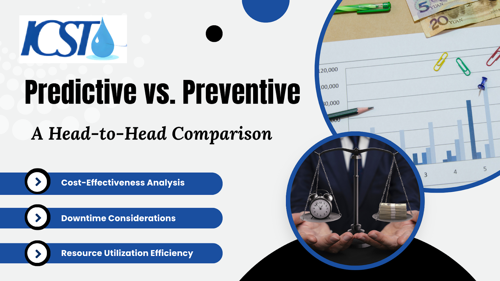 ICST image contrasting Predictive vs. Preventive maintenance for cooling towers, featuring a technician inspecting equipment.