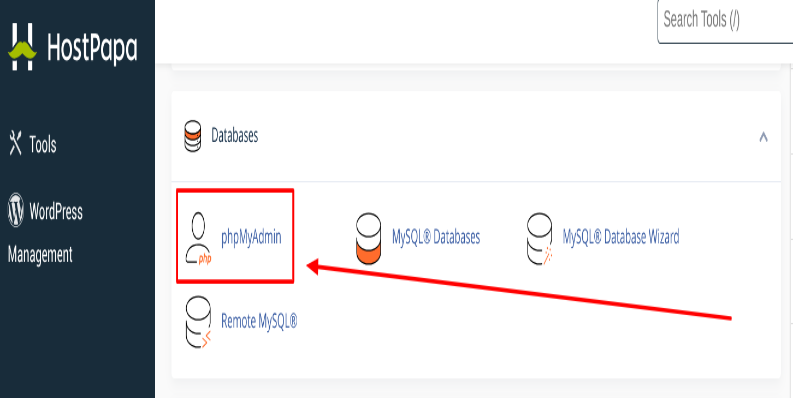 Une capture d'écran de phpMyAdmin dans HostPapa.